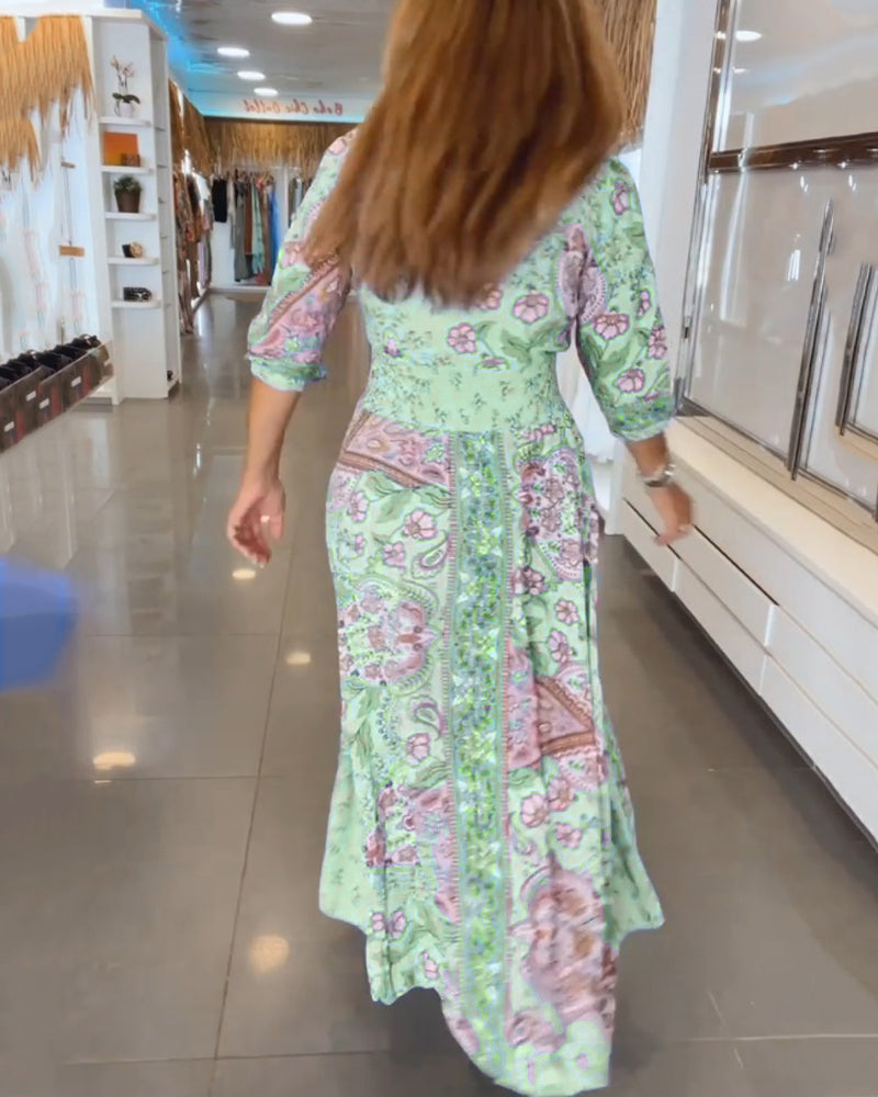 Helia - Robe de Vacances avec Col en V et Manches 3/4