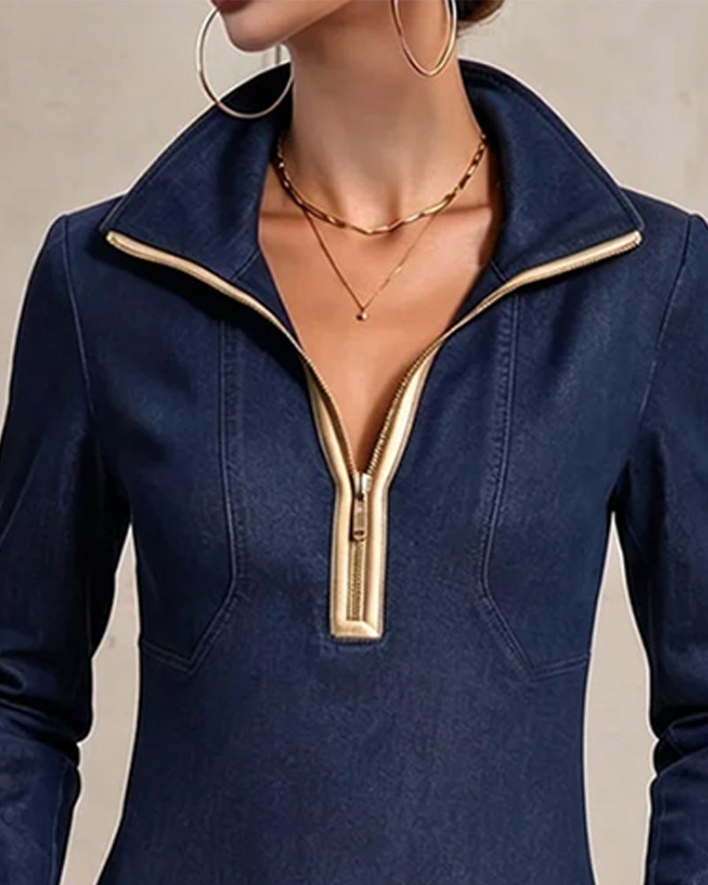Henrike - Robe courte en denim pour femme avec col zippé et œillets décoratifs