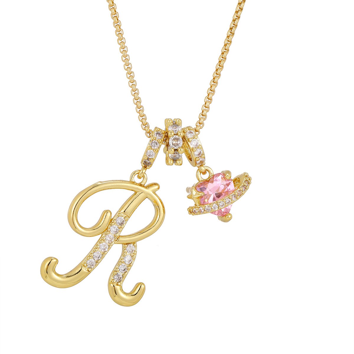 Carmelle - Collier Initiale Avec Cœur Rose Brillant