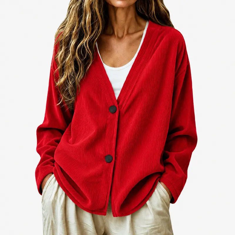 Priscilla - Cardigan femme côtelé à col V coupe ample