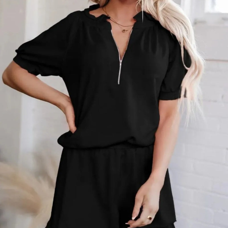 Talyssa - Ensemble deux pièces femme t-shirt zippé et short à volants