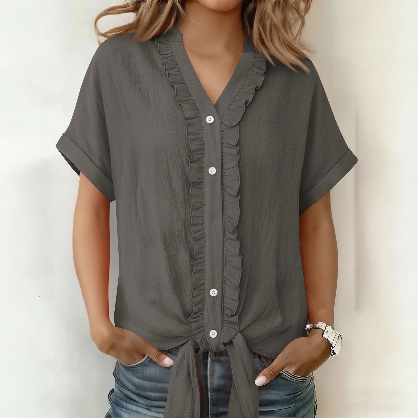Kalyxa - Chemise femme coton col V manches courtes nouée été