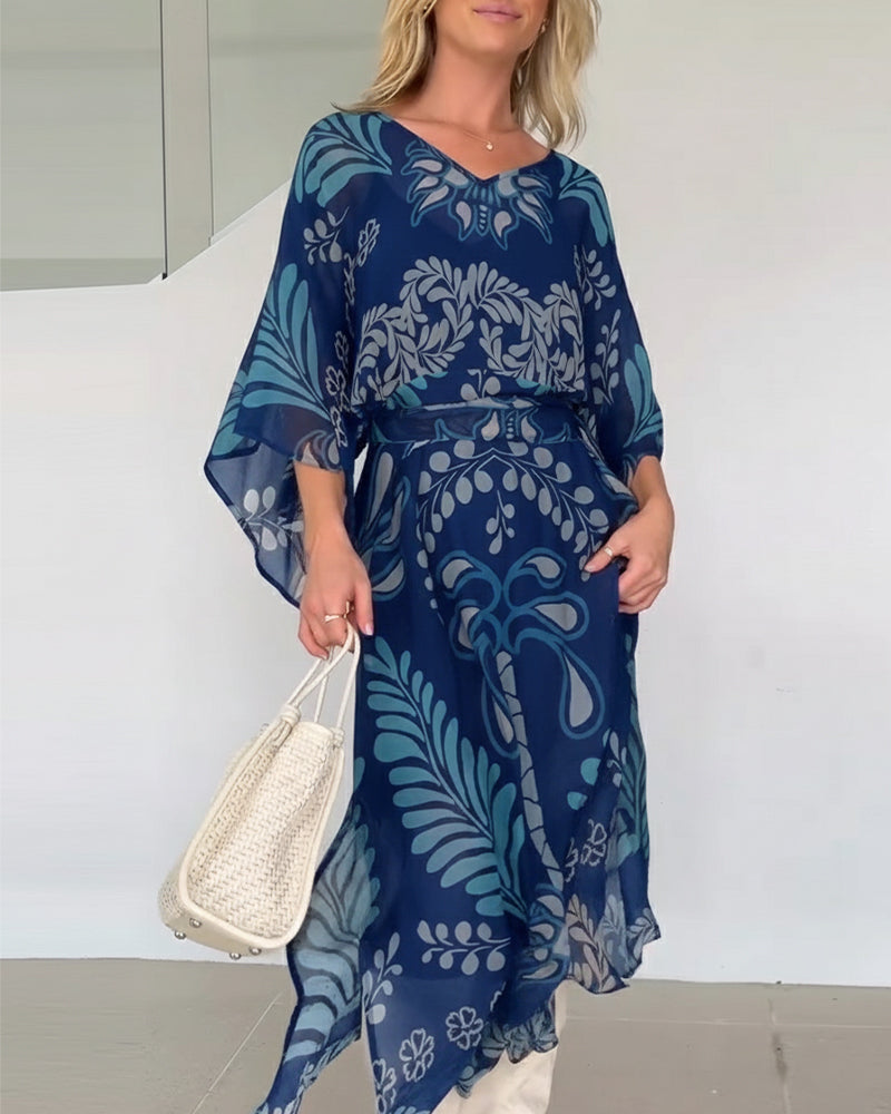 Praxellea - Robe bohème femme maxi ample col V imprimé feuilles élégant