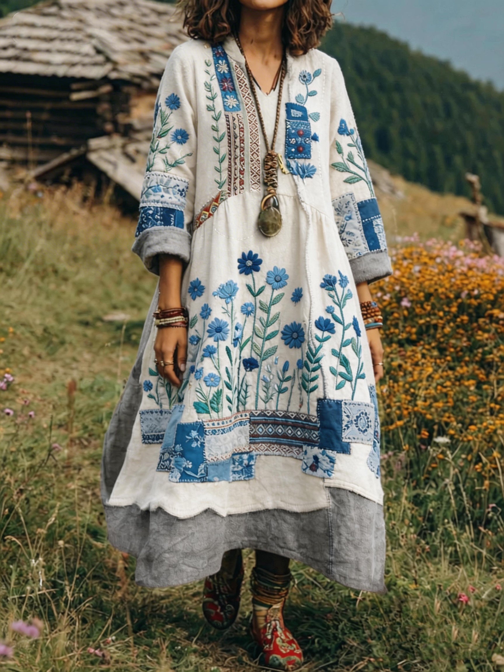 Loxira - Robe Femme Bohème Patchwork Brodée Style Ethnique Élégant