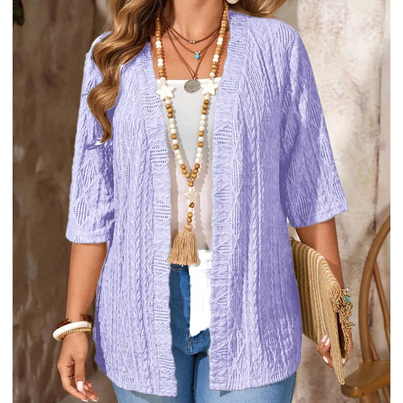 Enora - Cardigan femme tricoté ouvert à manches 3/4