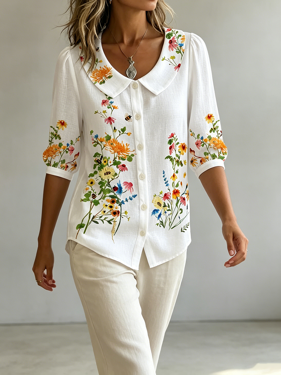 Mavessia - Chemise femme coton et lin imprimé floral artistique vintage