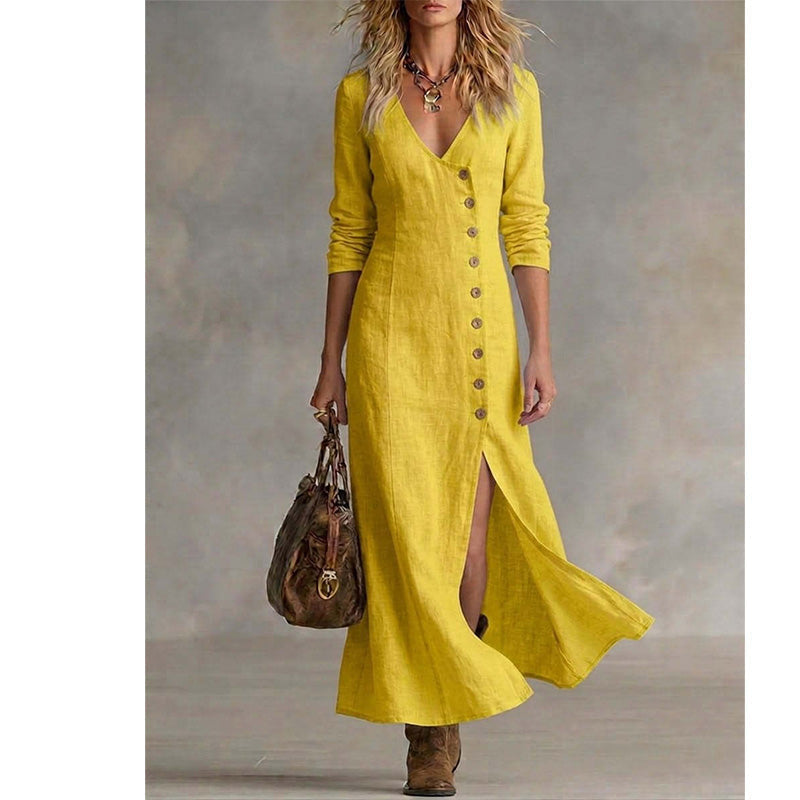 Quinalisse - Robe chemise vintage élégante à manches longues midi