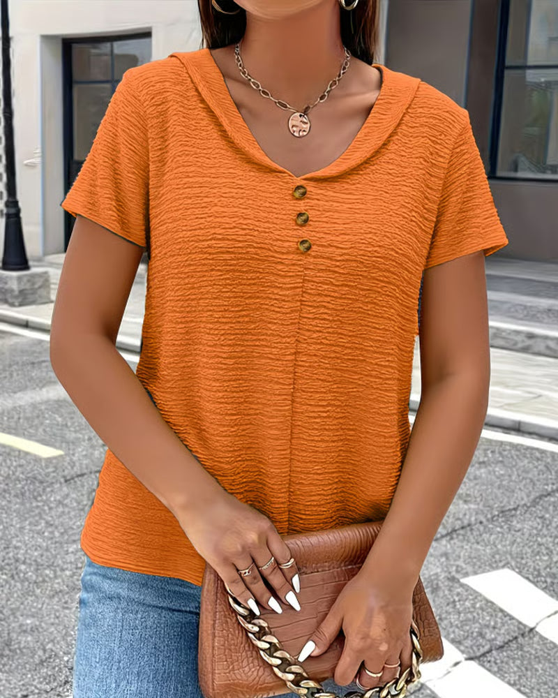 Syzelle - T-shirt femme col rond texturé manches courtes boutons décoratifs élégant