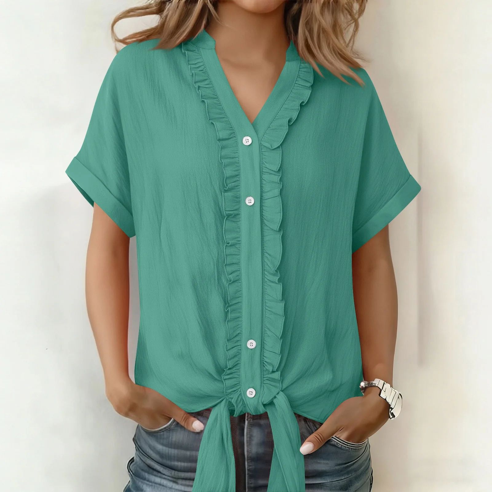 Kalyxa - Chemise femme coton col V manches courtes nouée été