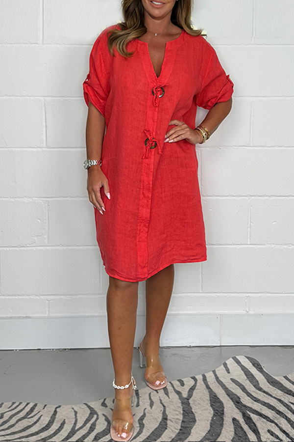 Kalythra - Robe femme en lin décontractée avec boutons et manches courtes