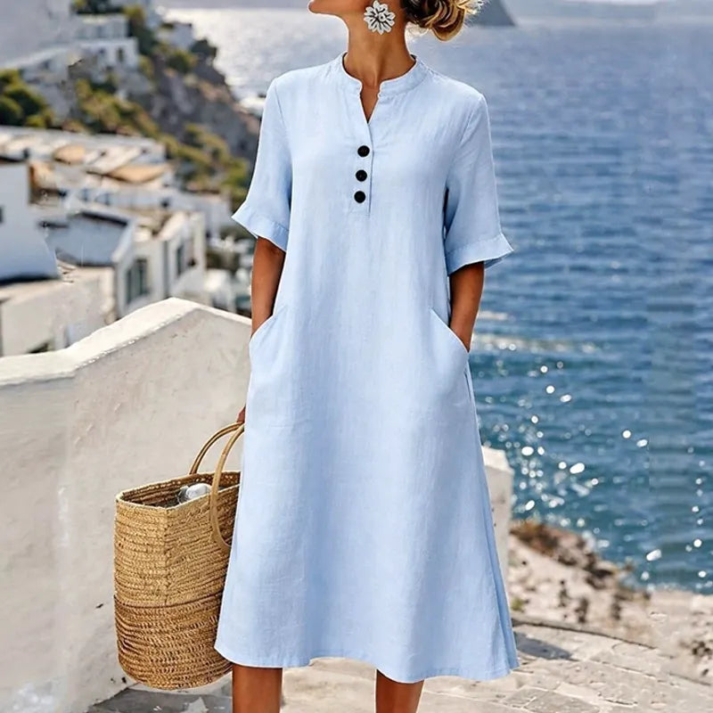 Soreya - Robe midi femme en coton-lin avec boutons