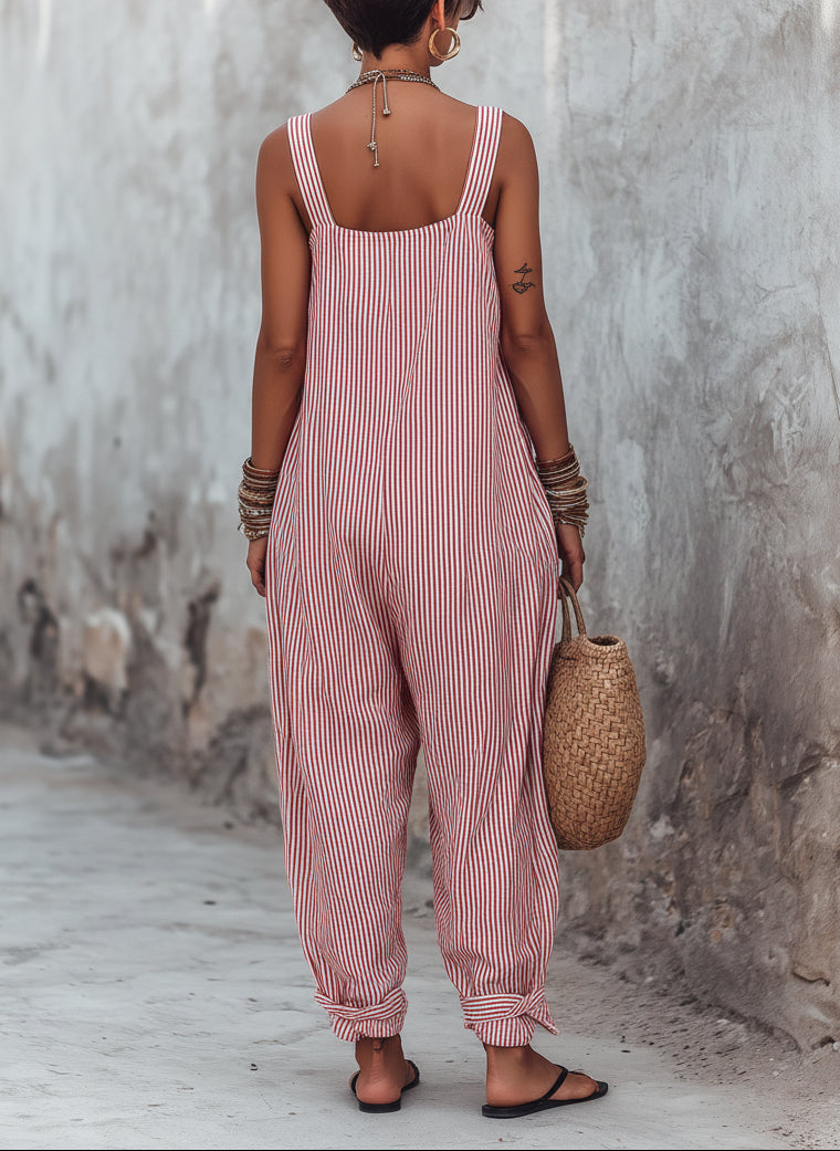 Pheralyn - Combinaison femme ample à rayures minimalistes et col carré