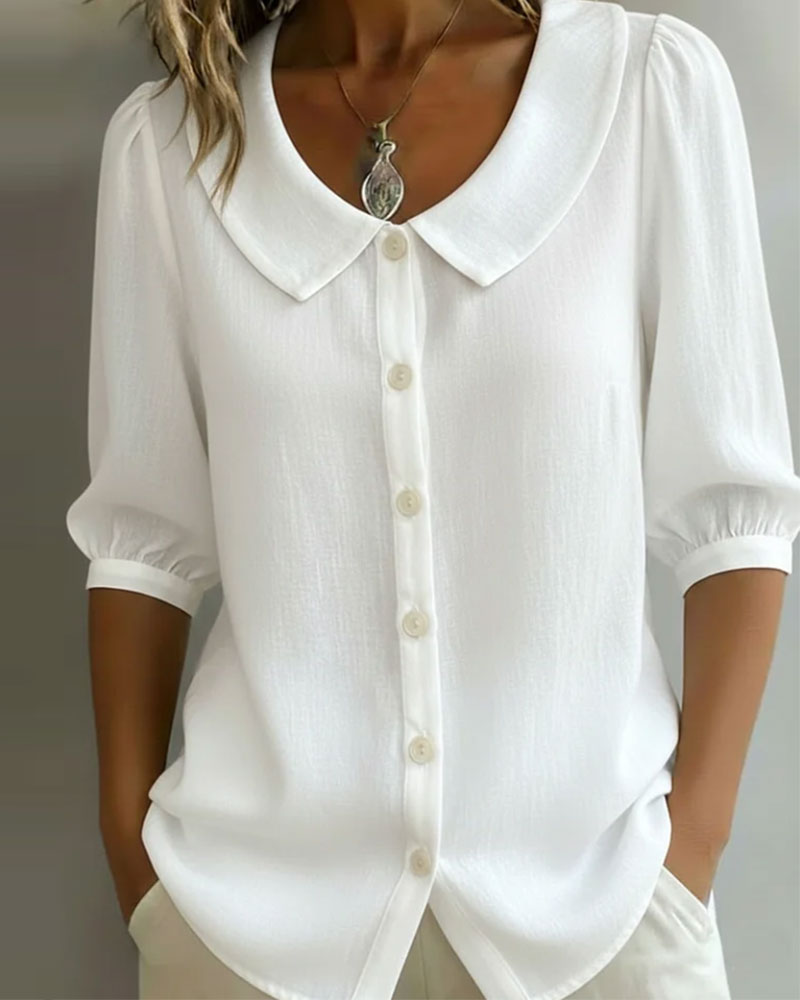 Neslora - Chemise femme coton col Peter Pan manches mi-longues élégantes