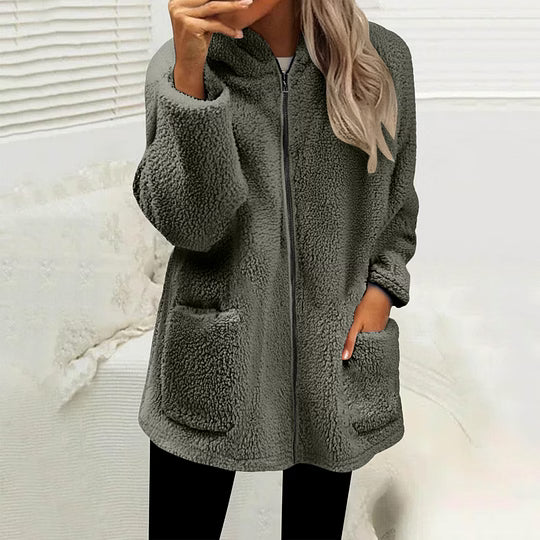 Stien - Women's knitted zip-up mock neck cardigan with decorative buttons