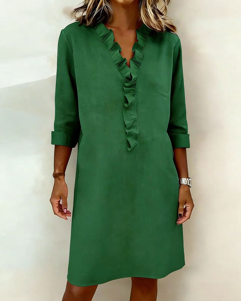 Ophivyn - Robe femme col V à volants coupe droite style décontracté