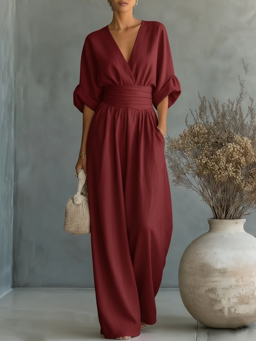Helyrae - Combinaison Femme Col V Taille Marquée Coupe Fluide Élégante