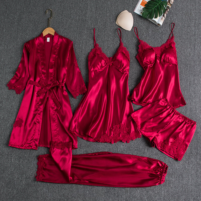 Elyssara - Ensemble De Nuit En Satin Glacé 5 Pièces Pour Femme