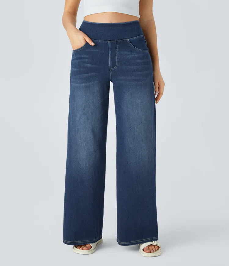 Ruvessa - Jean femme taille haute jambe large très extensible coupe moderne