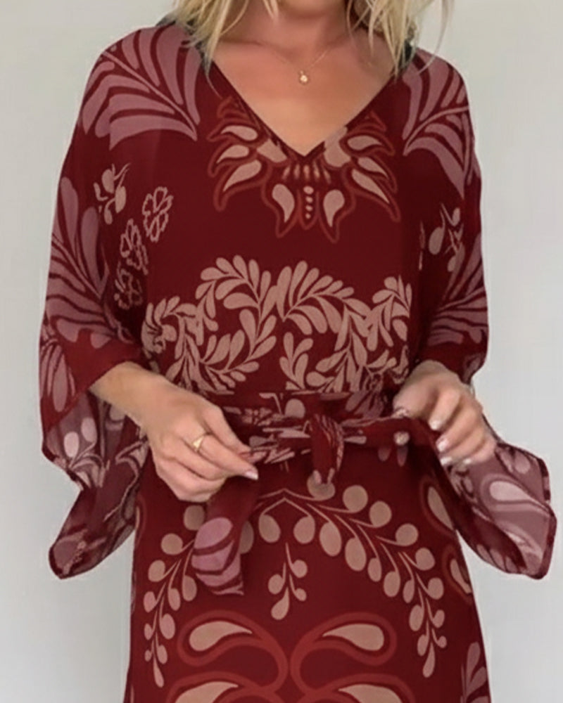 Praxellea - Robe bohème femme maxi ample col V imprimé feuilles élégant