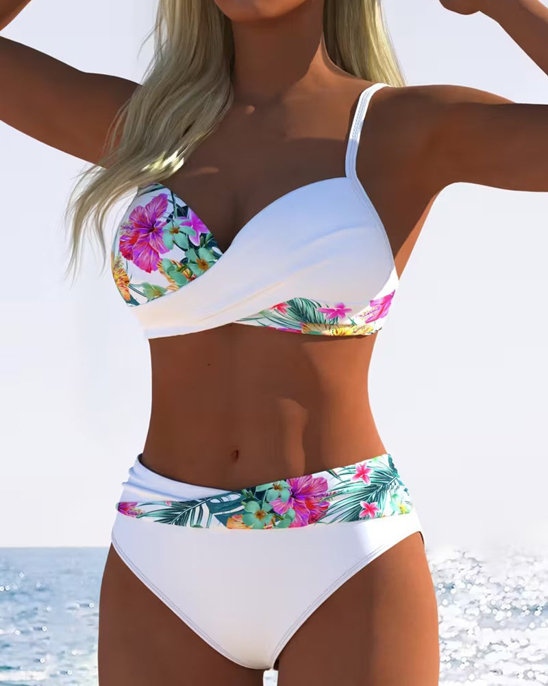 Draxina - Bikini femme imprimé floral contrasté à fines bretelles
