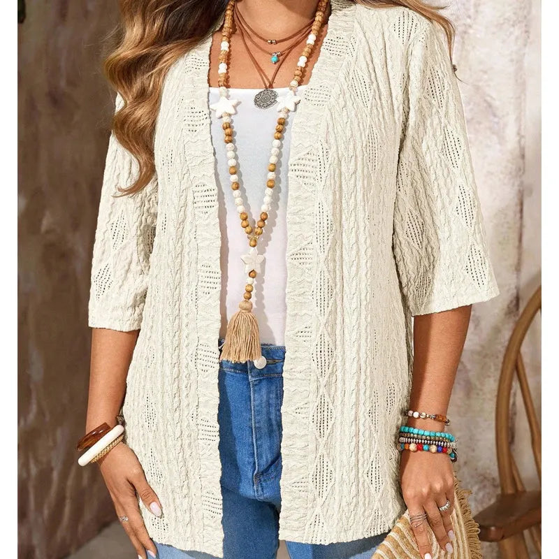 Enora - Cardigan femme tricoté ouvert à manches 3/4