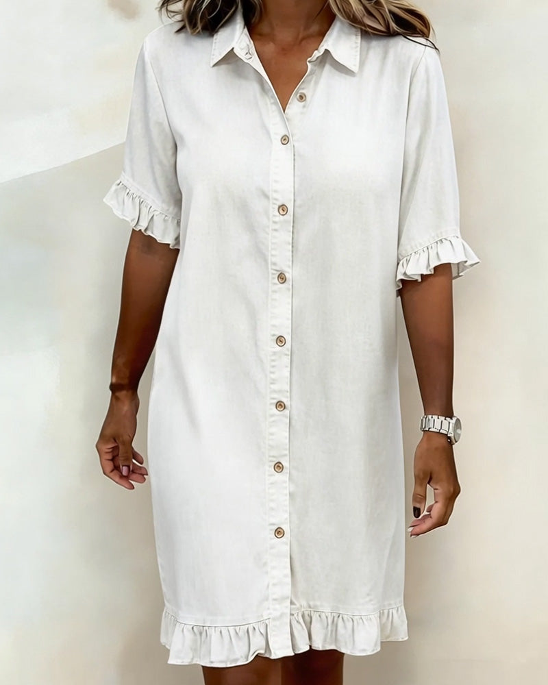 Glytha - Robe Femme Denim Boutonnée Manches Volants Coupe Droite Décontractée