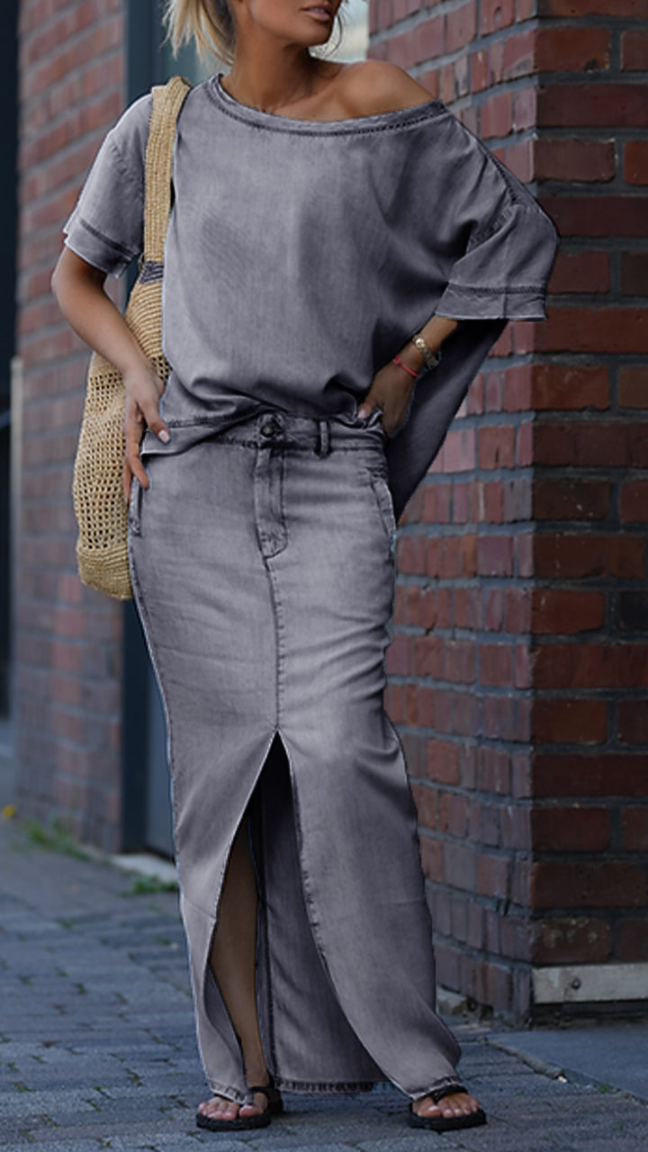 Mireya - Ensemble Décontracté Femme en Denim Tencel avec Décolleté Rond