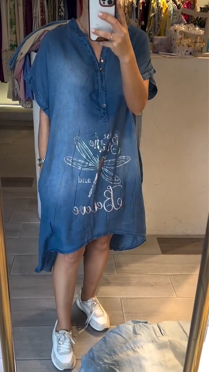 Delphina - Robe décontractée en jean avec col en V et boutons, idéale pour un style quotidien
