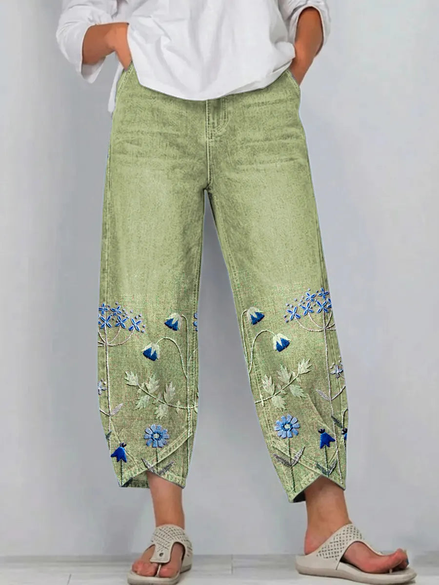 Fiorixa - Pantalon femme denim broderie florale coupe droite casual