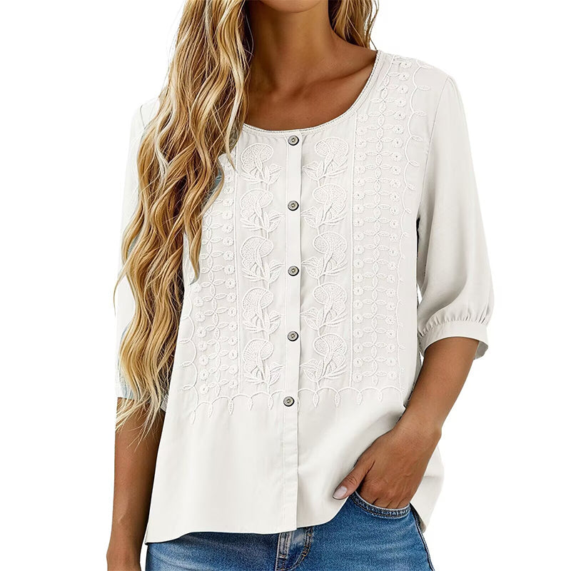 Sorivelle - Blouse brodée femme en coton et lin à manches 3/4