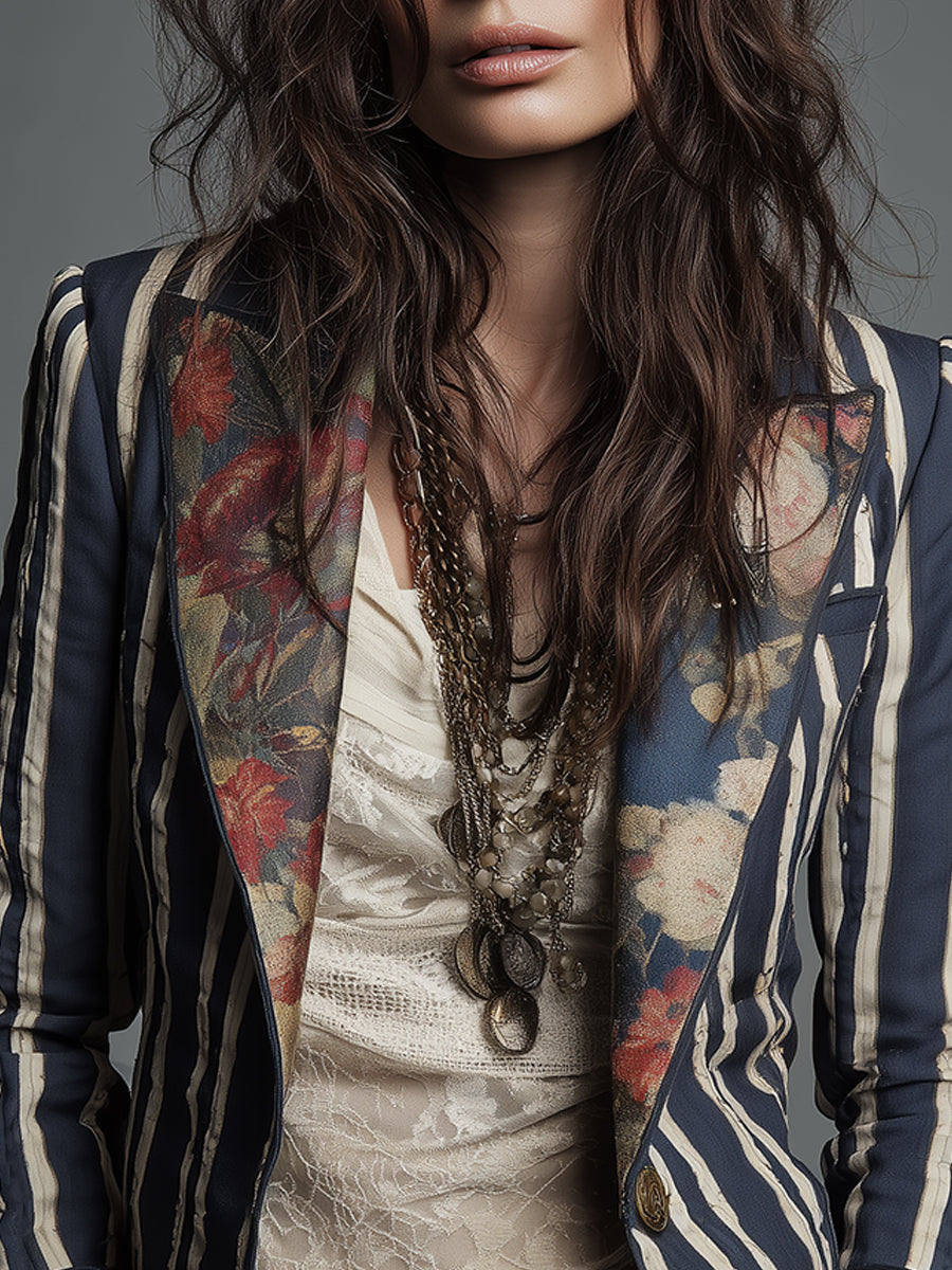 Avenorix - Blazer femme rayé bohème à imprimé floral vintage chic