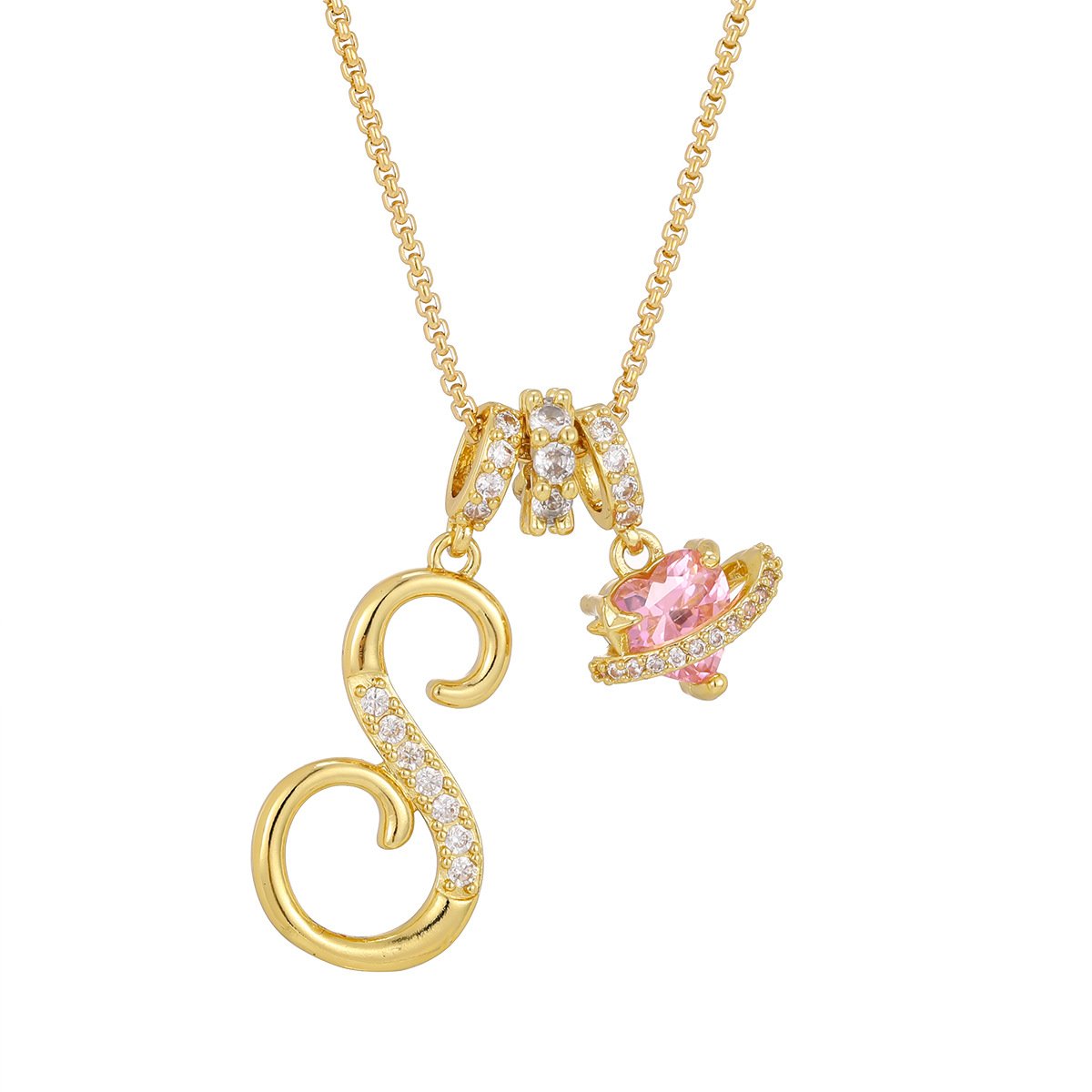 Carmelle - Collier Initiale Avec Cœur Rose Brillant