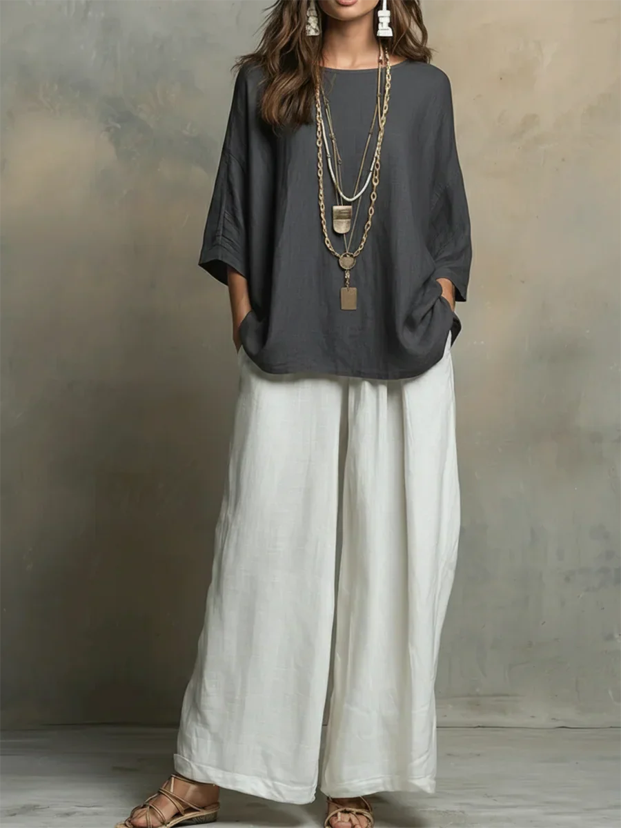 Tyvella - Ensemble Femme Lin Deux Pièces Coupe Ample Pantalon Fluide