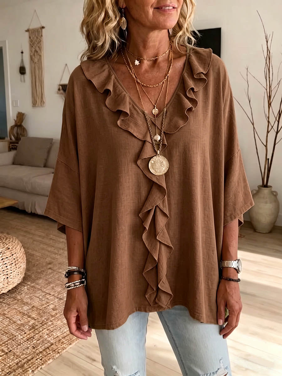 Hynorae - Top Femme Ample Col V Volants Léger Pour Quotidien Chic