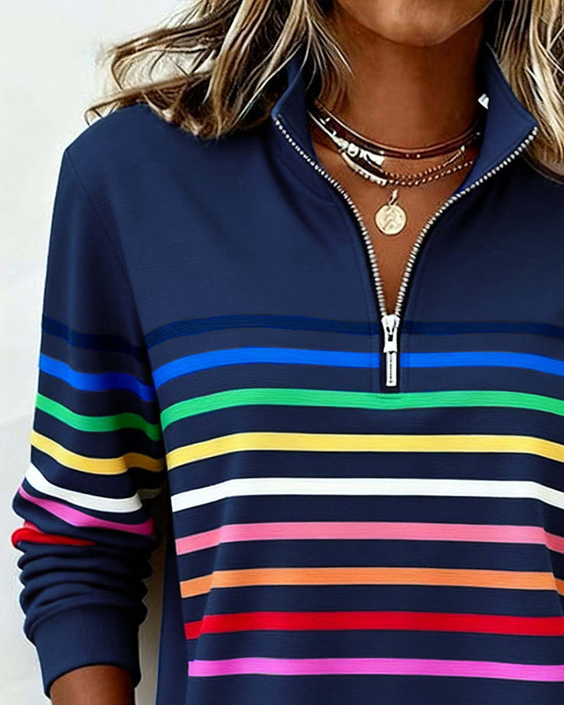 Isavelline - Sweat Zippé Décontracté à Rayures Colorées