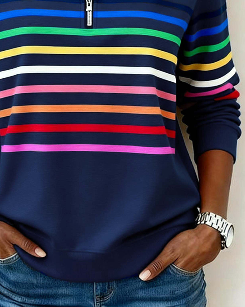 Isavelline - Sweat Zippé Décontracté à Rayures Colorées