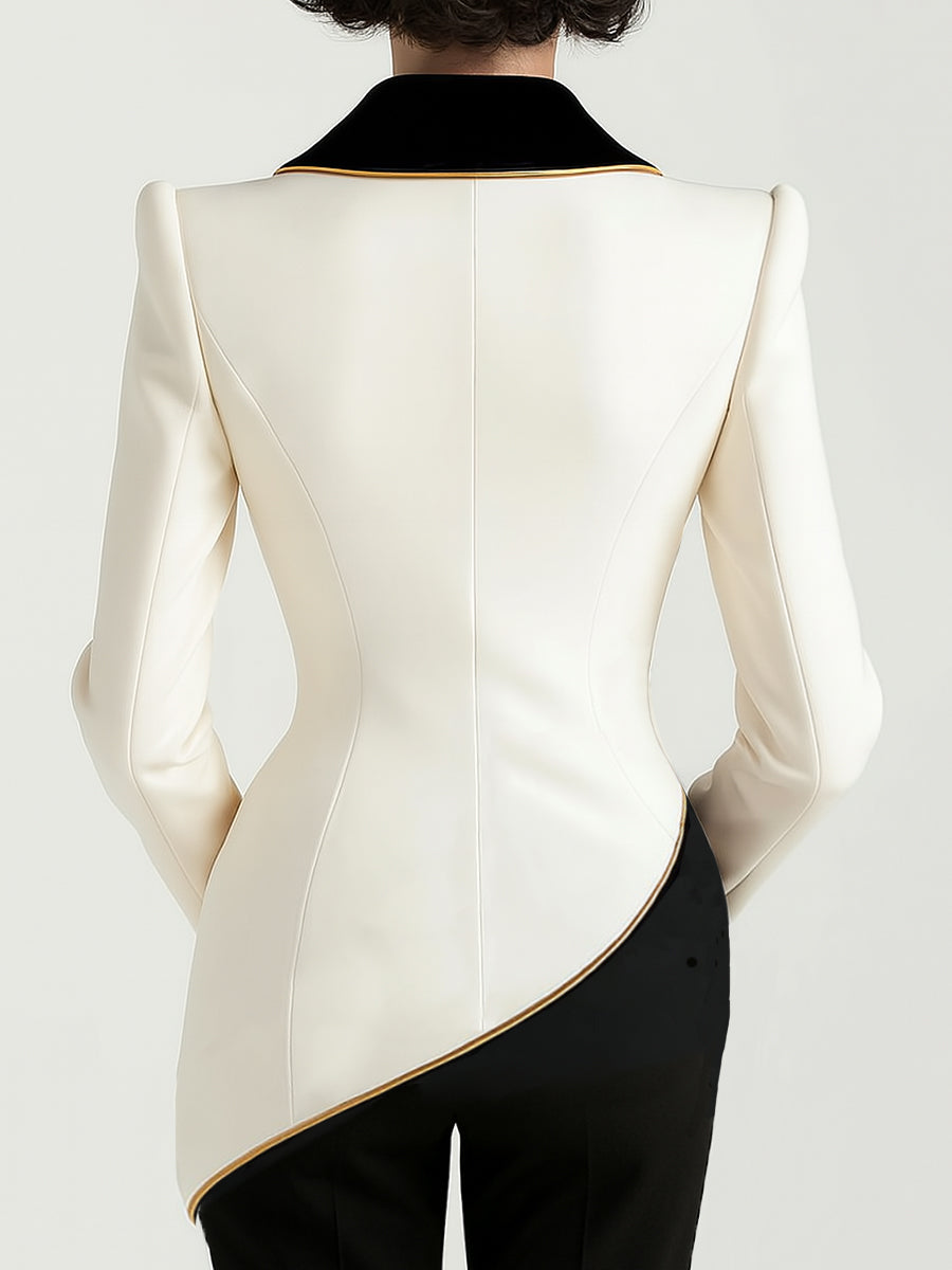 Kaenisse - Blazer Asymétrique Blanc Élégant à Revers Noirs