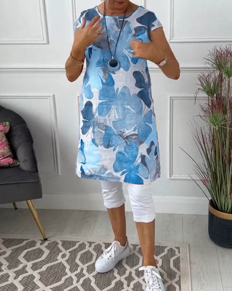 Anita - Robe femme imprimée verte fluide à manches courtes et coupe ample