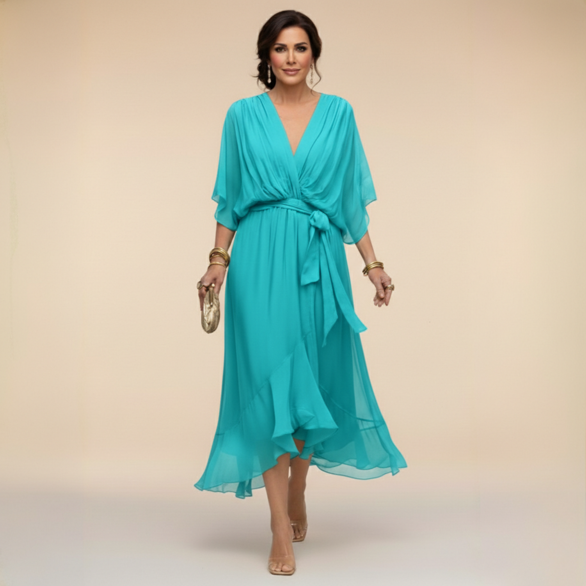 Lazira - Robe femme midi fluide col V manches amples ceinture élégante