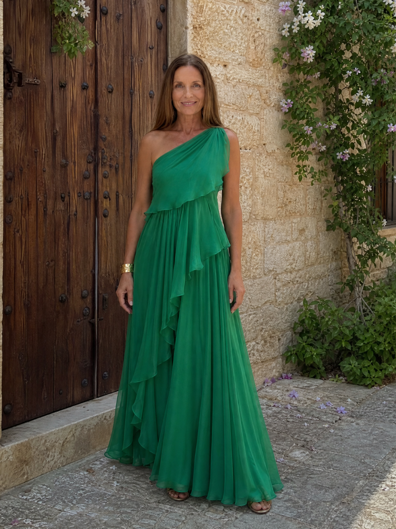 Zeline - Robe maxi verte asymétrique à volants