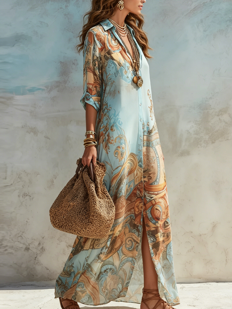 Ravelyne - Robe chemise longue femme à imprimé artistique fluide