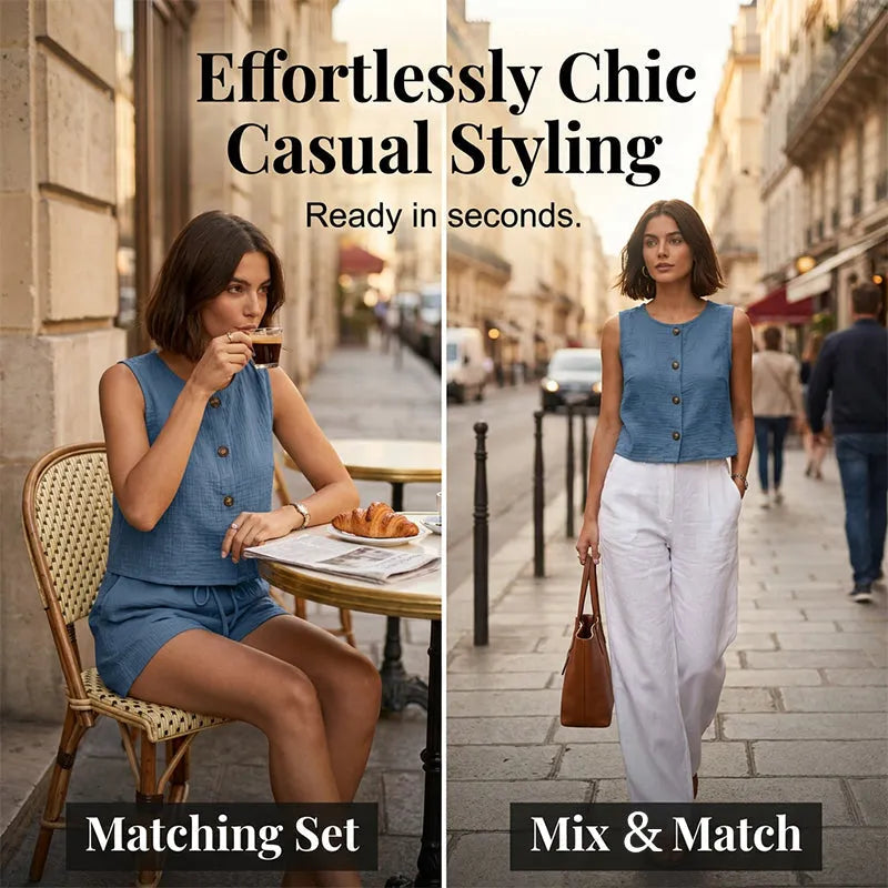 Fynoria - Ensemble femme top sans manches et short à boutons