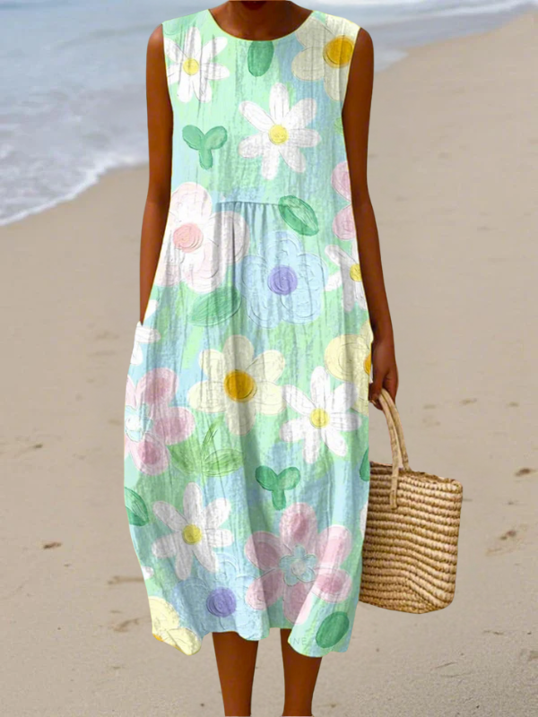 Tazira - Robe Femme Été Fluide Imprimé Artistique Sans Manches Confort Léger