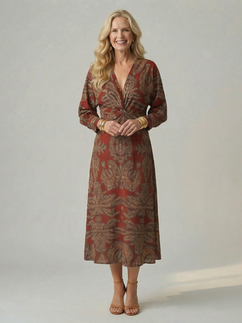 Falune - Robe femme midi croisée imprimée taille cintrée élégante