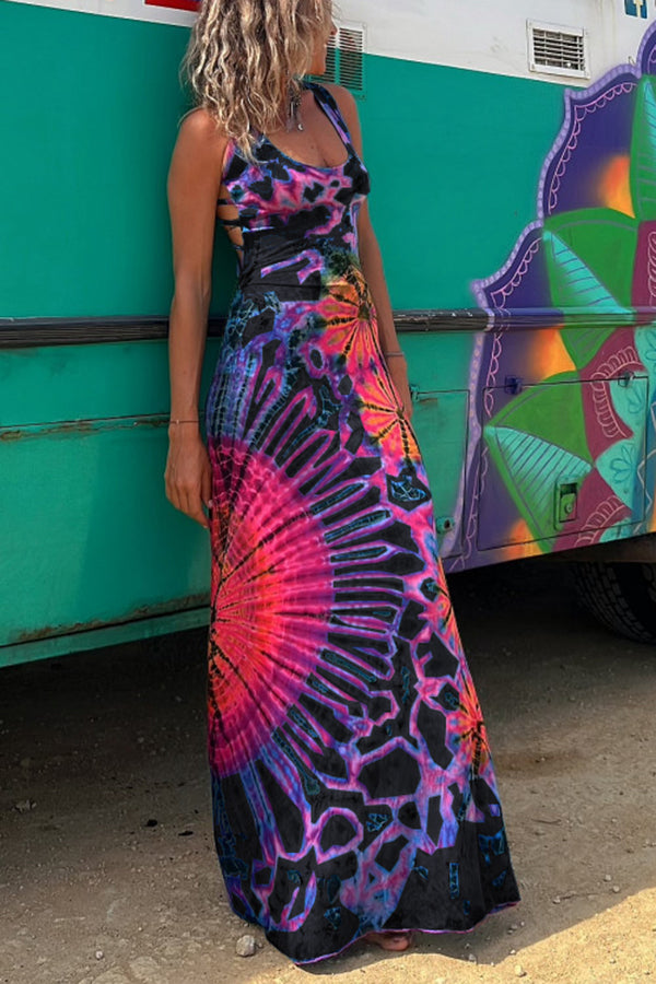 Junaria - Robe maxi avec imprimé tie-dye, lacée à l'arrière, extensible (avec soutien-gorge intégré)