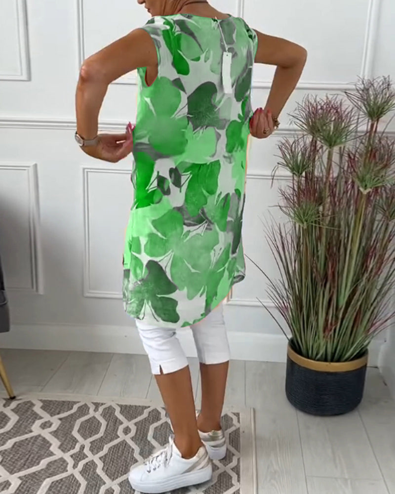 Anita - Robe femme imprimée verte fluide à manches courtes et coupe ample