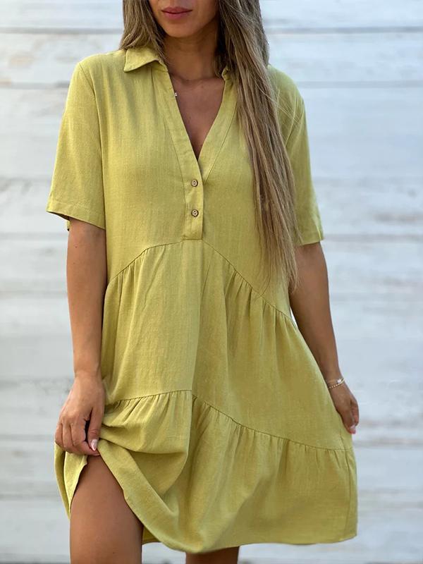 Vionelle - Robe décontractée, unie, à manches courtes en coton et lin pour femme