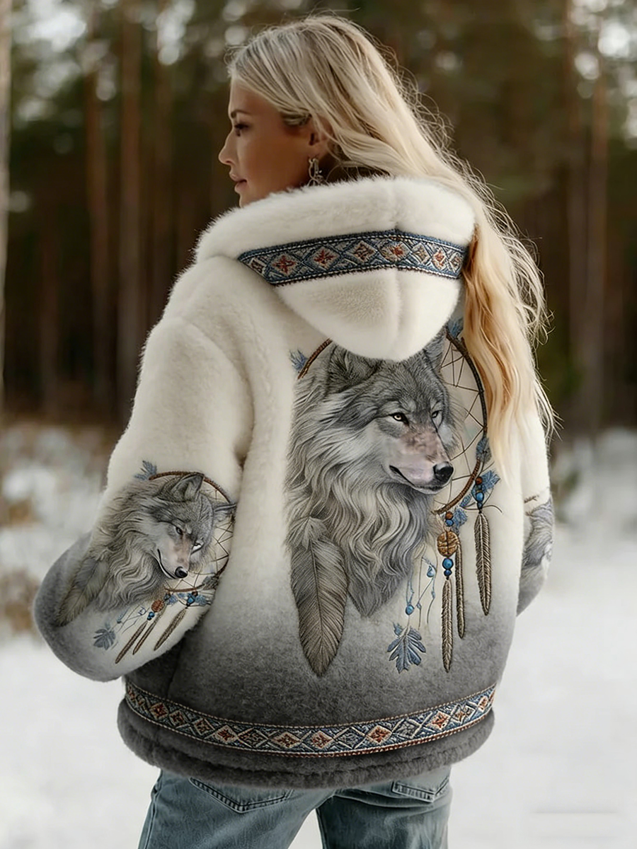 Dahlina - Veste Femme Douce À Capuche Imprimé Loup