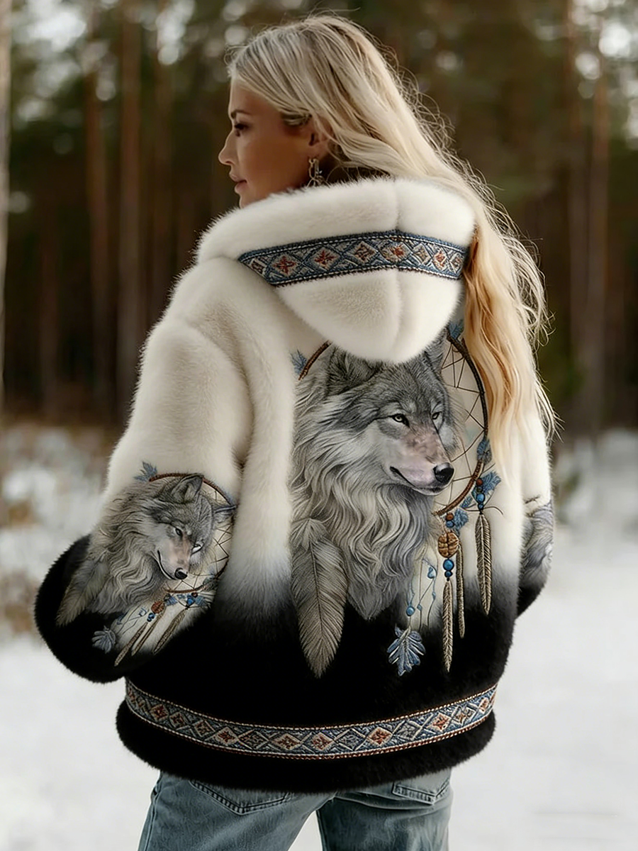 Dahlina - Veste Femme Douce À Capuche Imprimé Loup