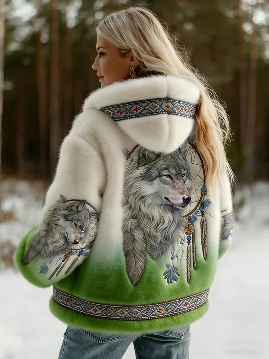 Dahlina - Veste Femme Douce À Capuche Imprimé Loup